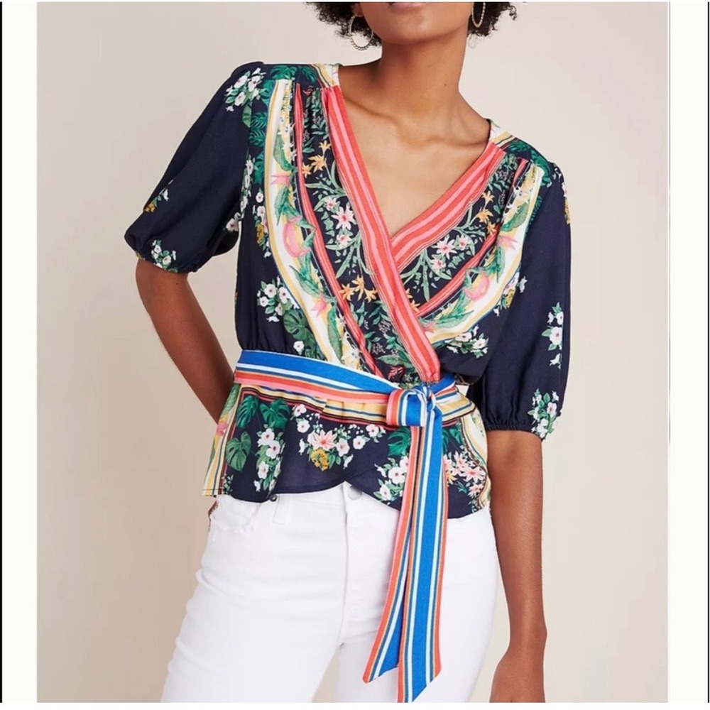 Farm Rio for Anthropologie Tropical Floral Striped Wrap Blouse Navy XL